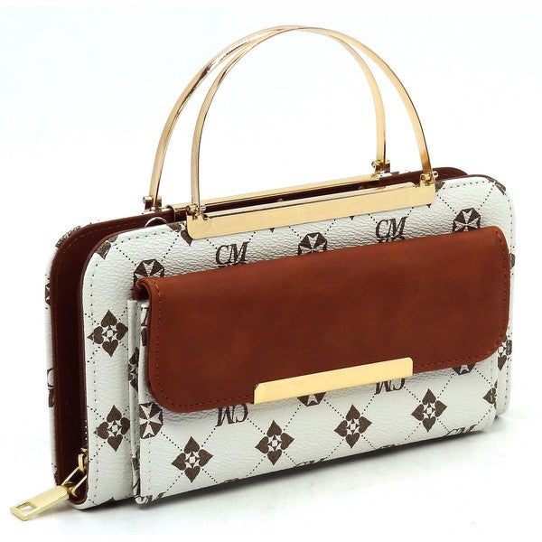 Constructed with a faux vegan leather material, this monogrammed crossbody bag doubles as a clutch and features a round top handle, zip top closure, and detachable shoulder strap. Its gold-tone hardware adds a touch of elegance. Measuring L 8.5 x H 4.5 x W 2.5 inches (2 D), this bag is both stylish and functional.