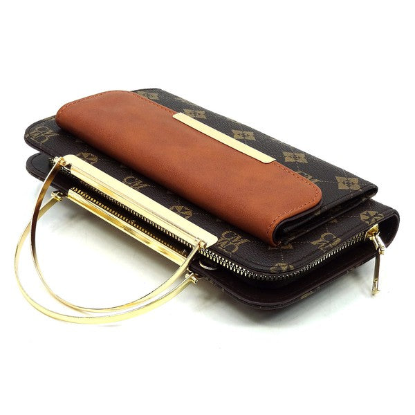 Constructed with a faux vegan leather material, this monogrammed crossbody bag doubles as a clutch and features a round top handle, zip top closure, and detachable shoulder strap. Its gold-tone hardware adds a touch of elegance. Measuring L 8.5 x H 4.5 x W 2.5 inches (2 D), this bag is both stylish and functional.