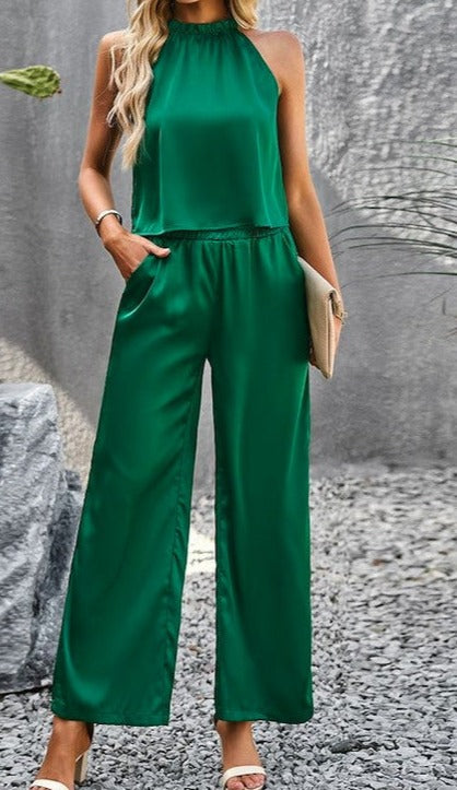 This set includes a halter top and matching pants.