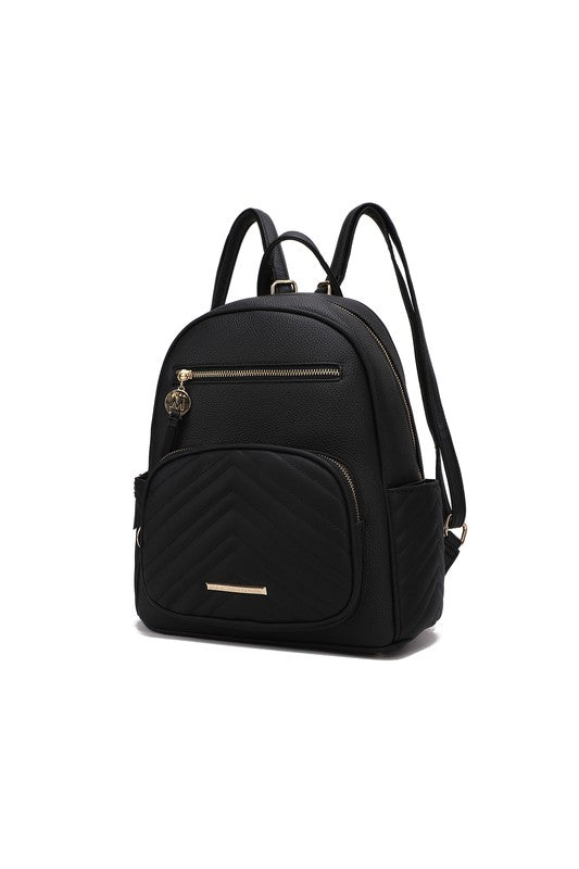 Black vegan leather with gold-tone hardware.