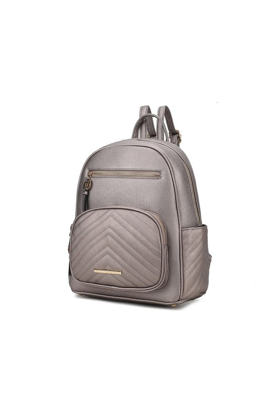 Pewter vegan leather with gold-tone hardware.