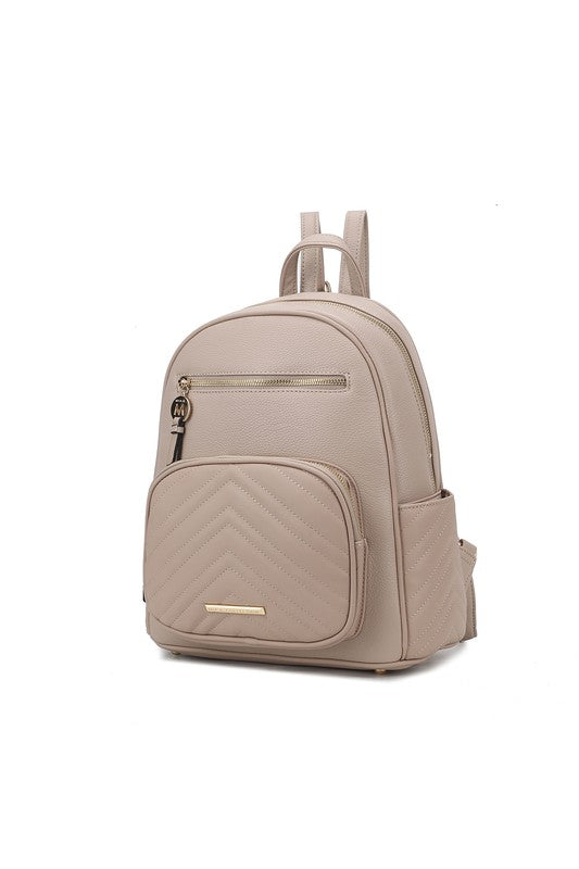Taupe vegan leather with gold-tone hardware.