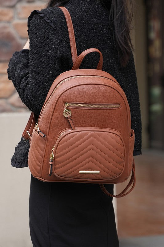 Brown vegan leather with gold-tone hardware.