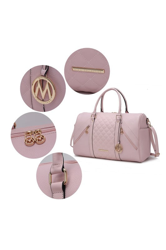 Pink duffle bag showing the gold accessory design.