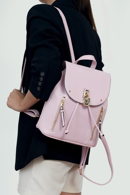Pink Vegan Leather backpack with gold zippers and accessory designs