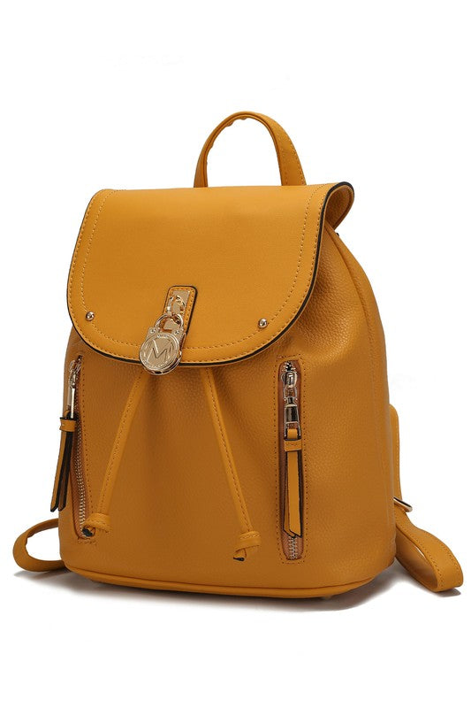 Yellow Vegan Leather backpack style purse with gold accessory designs