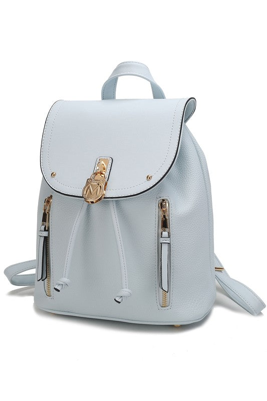 Light Blue Vegan Leather backpack style purse with gold accessory designs