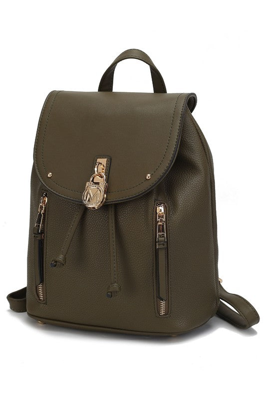 Olive Vegan Leather backpack style purse with gold accessory designs