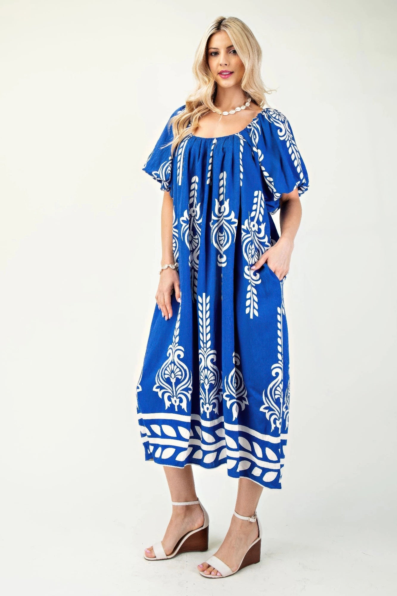Blue midi dress with short puff sleeves