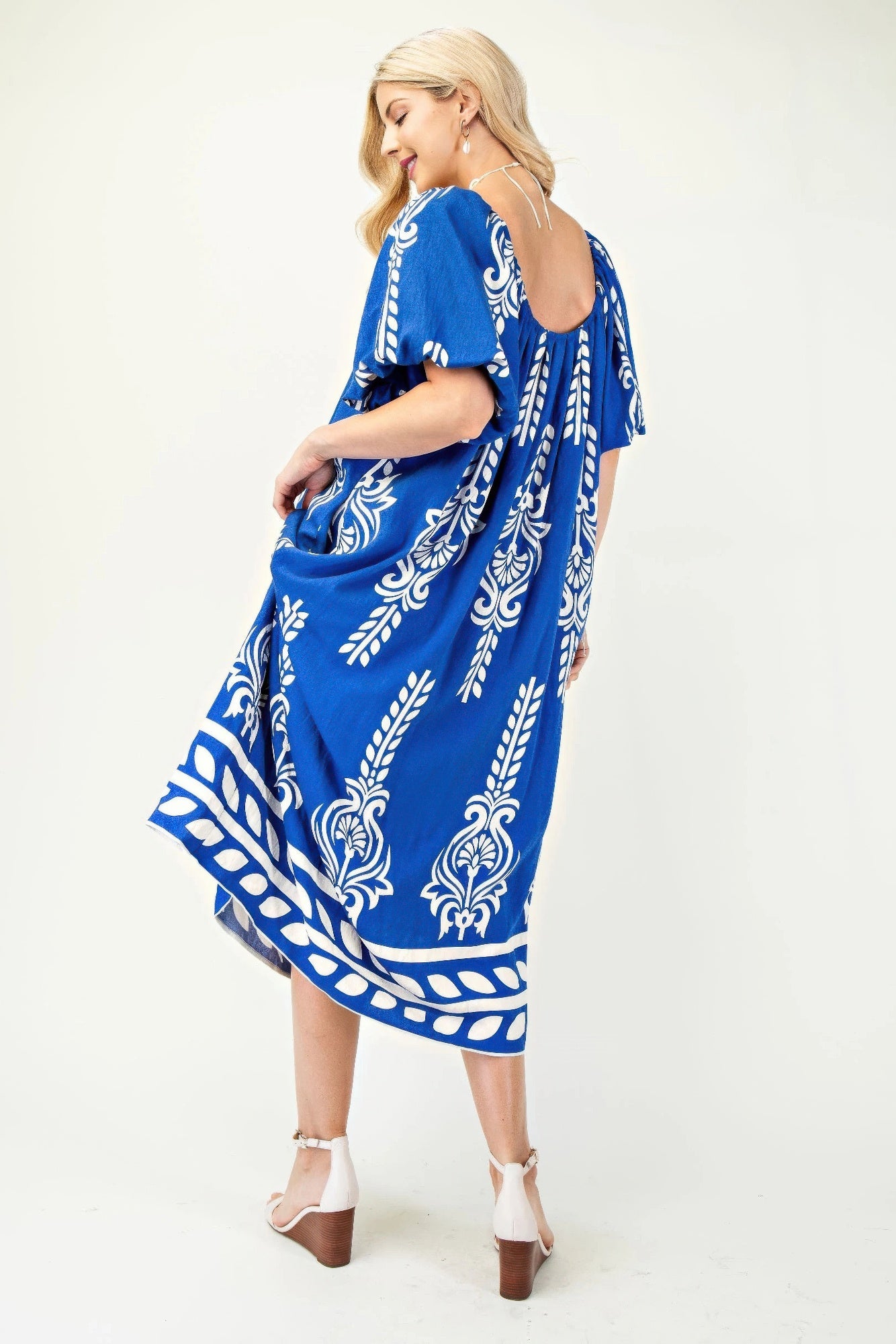 Blue midi dress with short puff sleeves