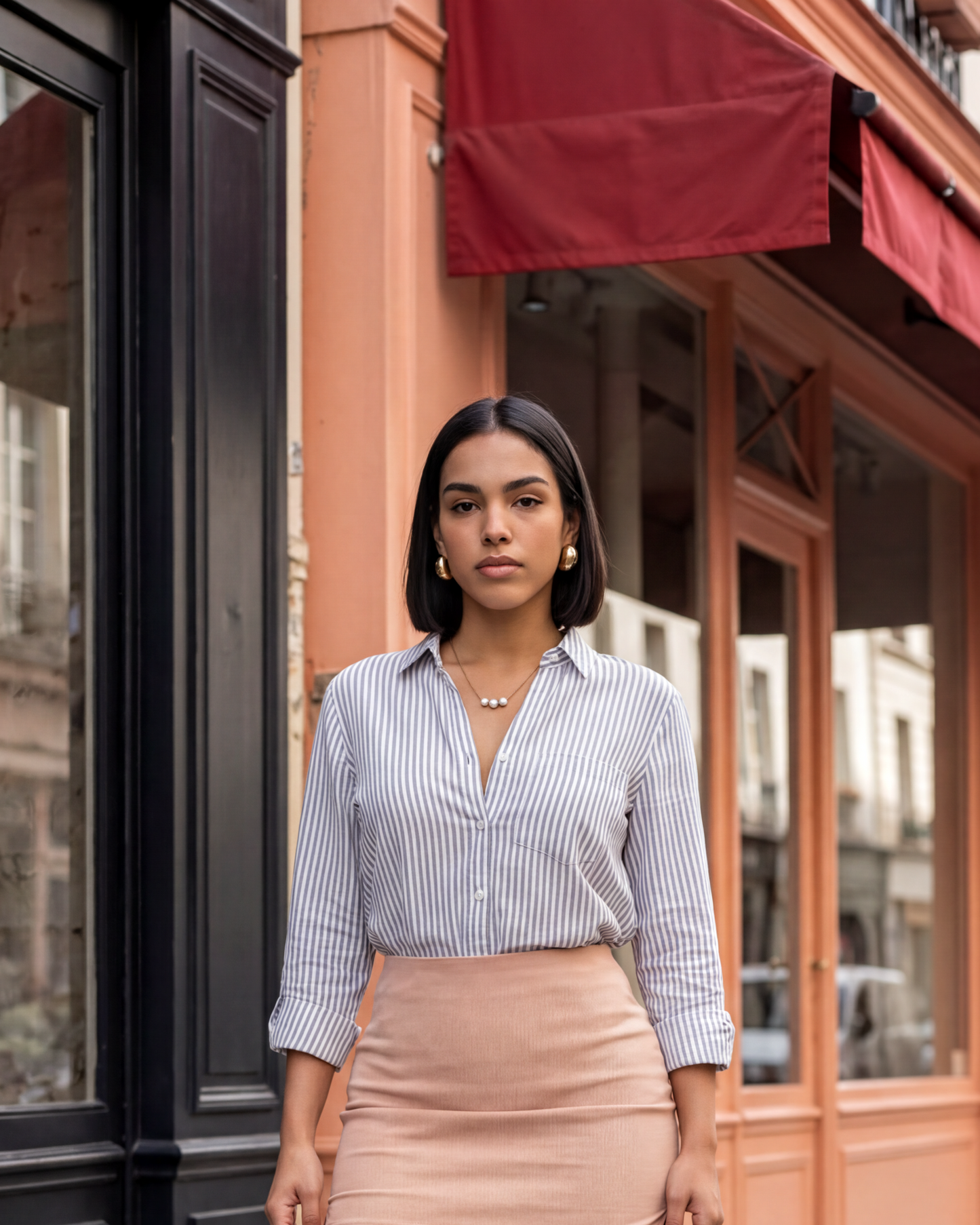 Female model wearing the KaTina Stripe Collar Shirt in Grey with grey and white vertical stripes, a collared v-neckline, and three-quarter sleeves.