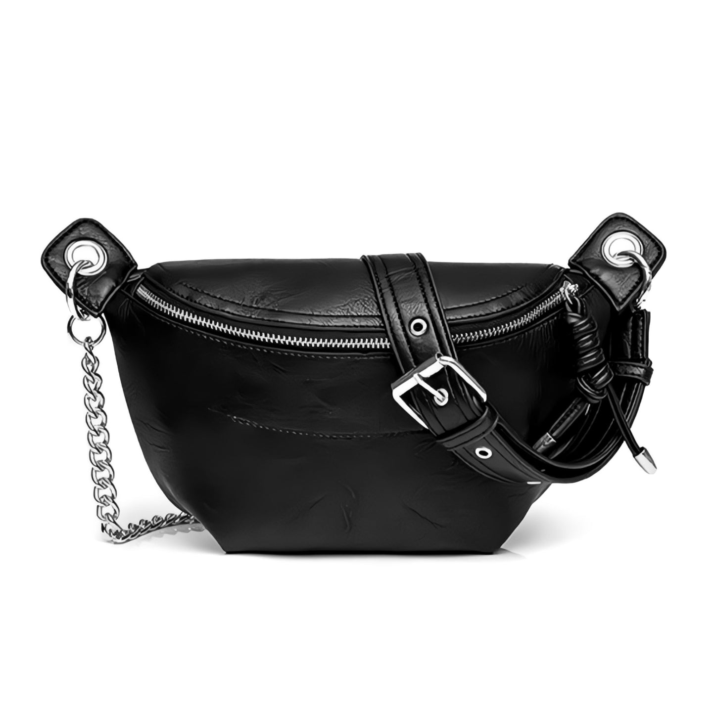 This LUXE CONVERTIBLE SLING BELT BUM BAG features high-end vegan leather, an adjustable strap made from vegan leather and chains, an O ring clasp, and multiple pockets for storage. The lining is soft and there is a full zipper closure for security. The overall measurements are 11"x 7.5", and the strap can be adjusted from 9.5" to 24.75" in length.