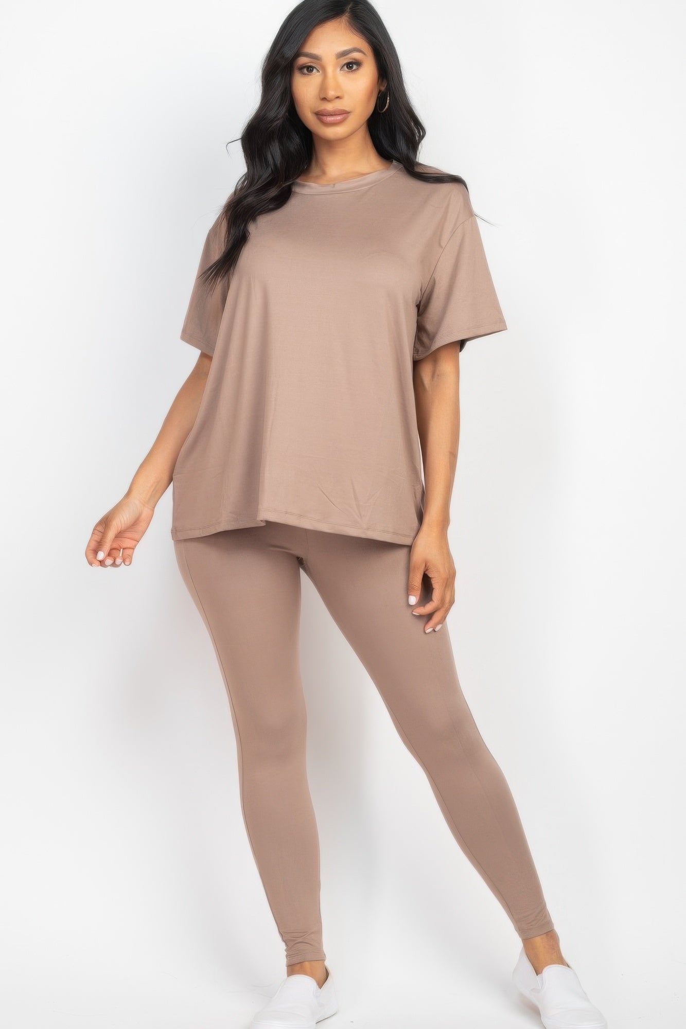 Taupe Gray short sleeve round neck tights set crafted from high-stretch jersey