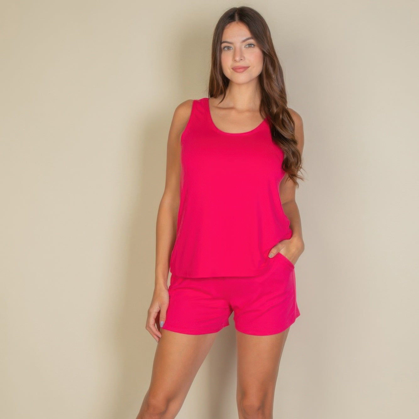 Fuchsia long tank top and shorts set made from soft, high-stretch jersey fabric.