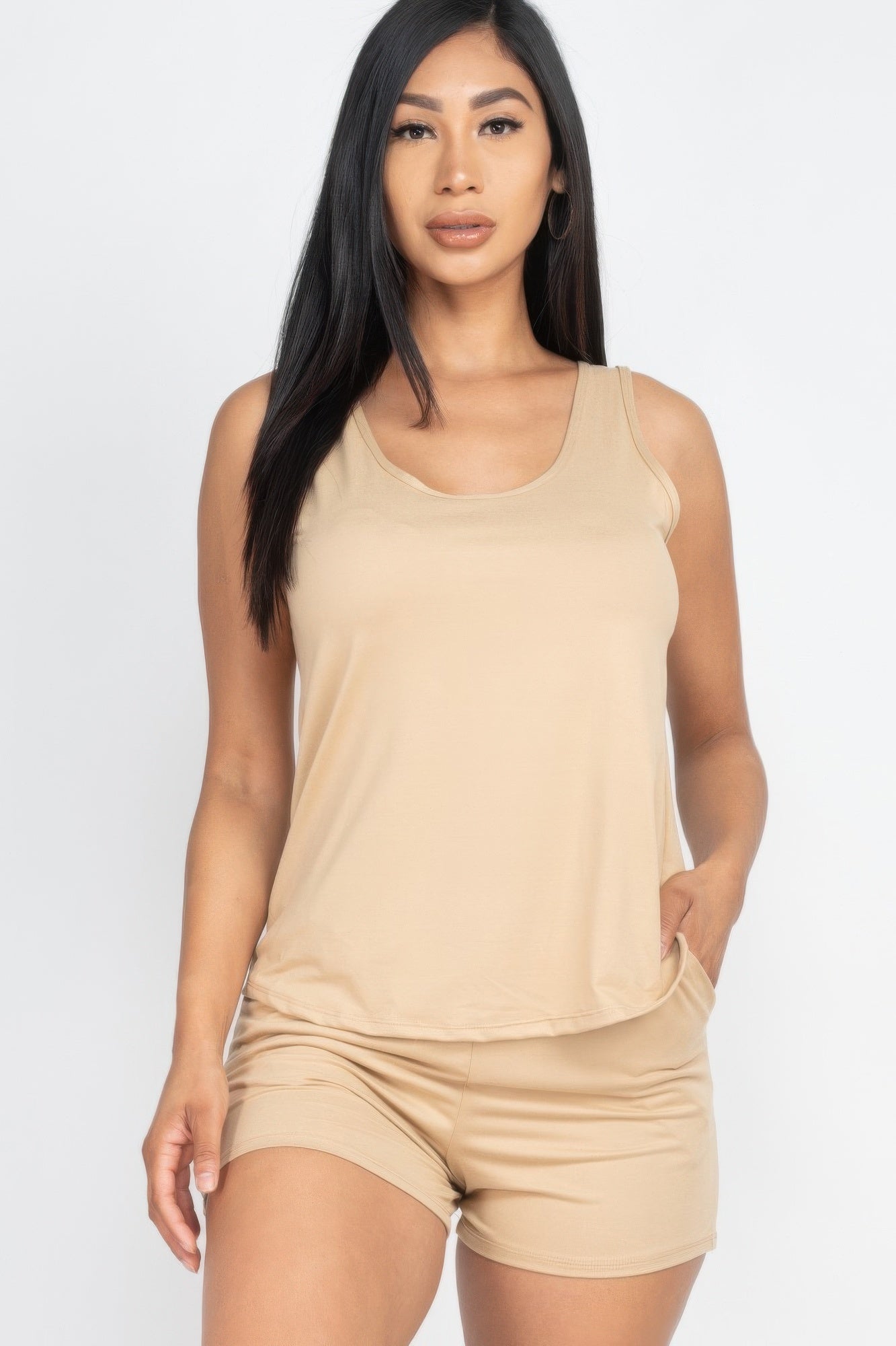 Khaki long tank top and shorts set made from soft, high-stretch jersey fabric.
