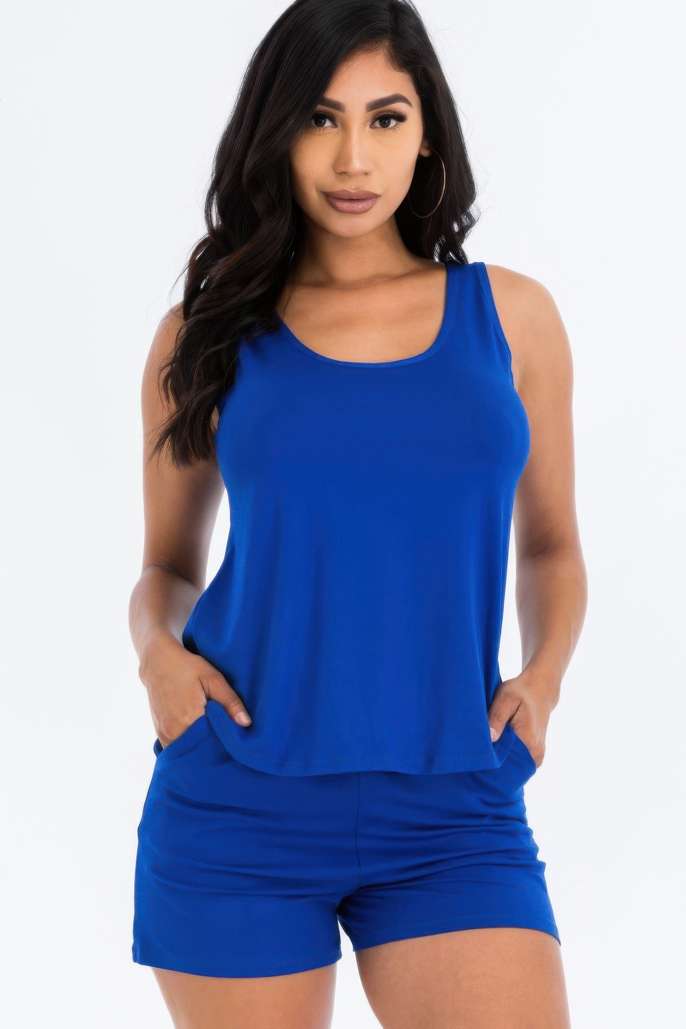 Royal long tank top and shorts set made from soft, high-stretch jersey fabric.