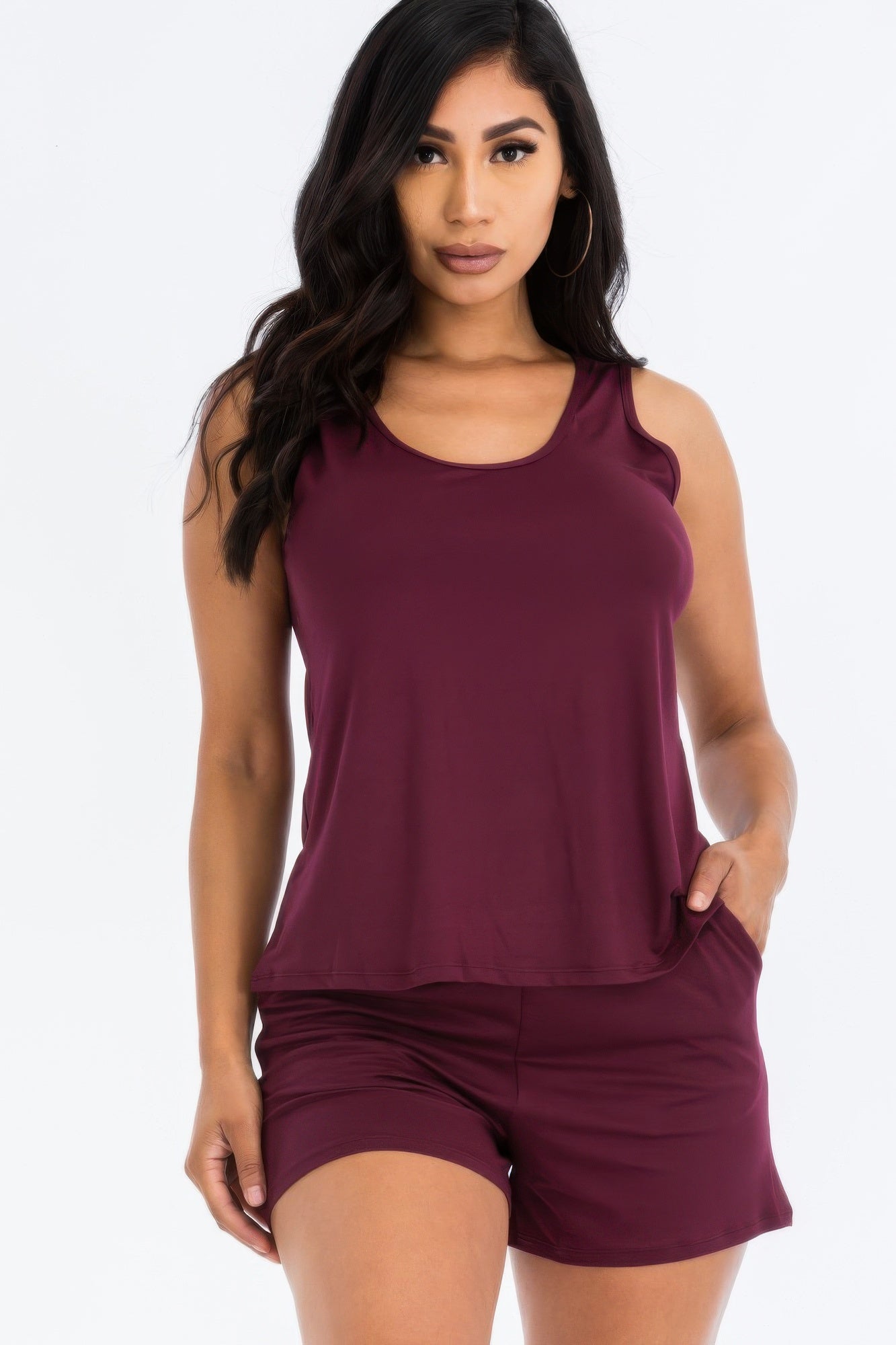 Burgundy long tank top and shorts set made from soft, high-stretch jersey fabric.