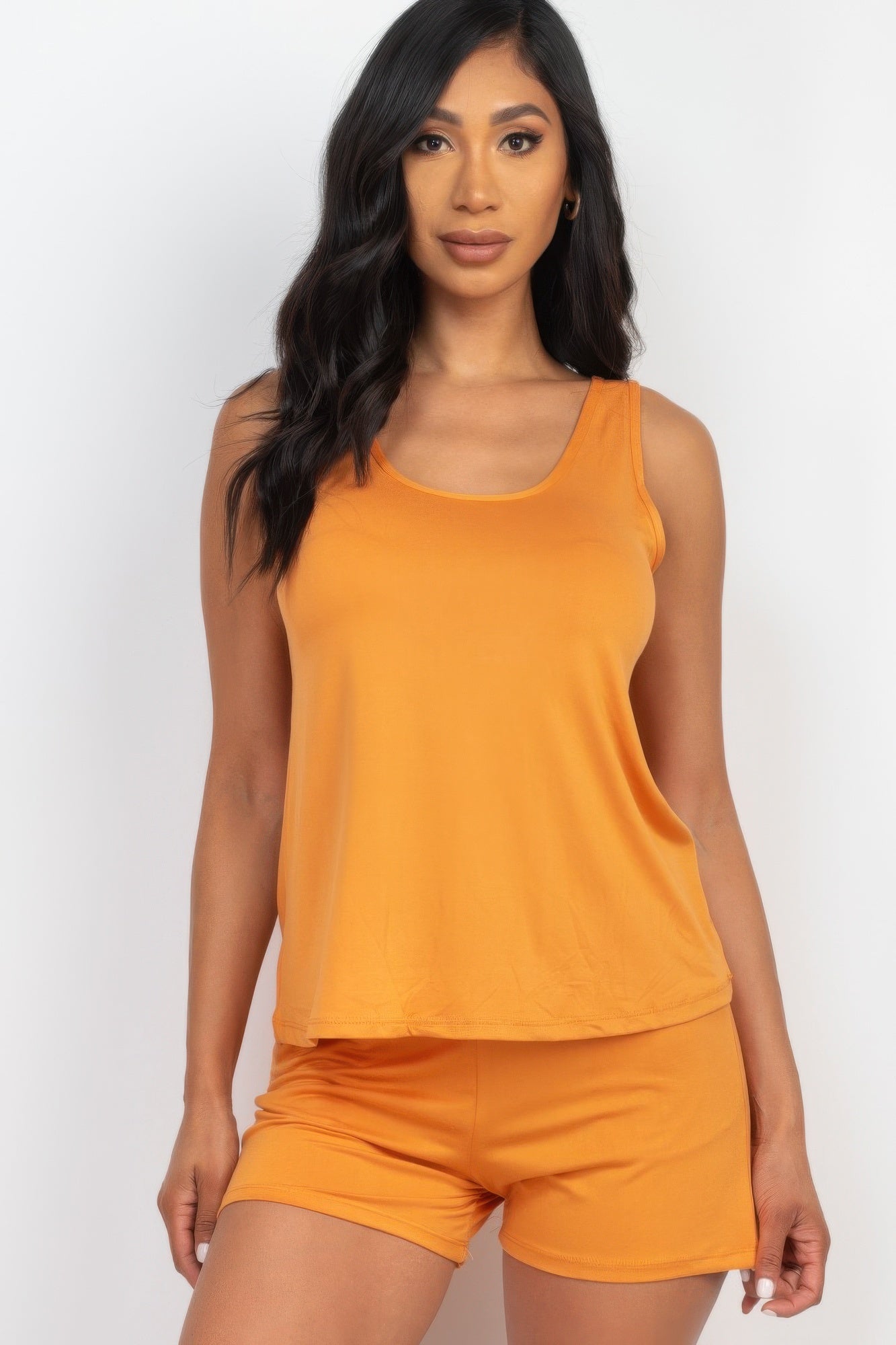 Tomato Cream long tank top and shorts set made from soft, high-stretch jersey fabric.