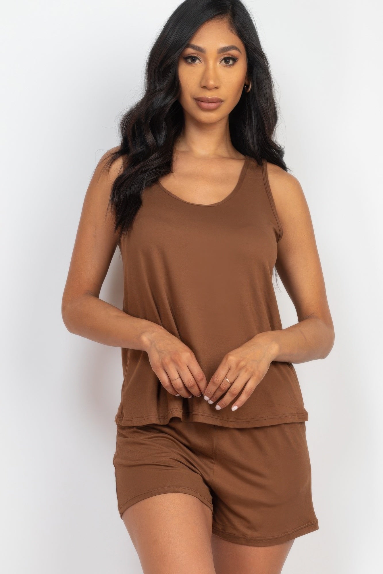 Downtown Brown long tank top and shorts set made from soft, high-stretch jersey fabric.