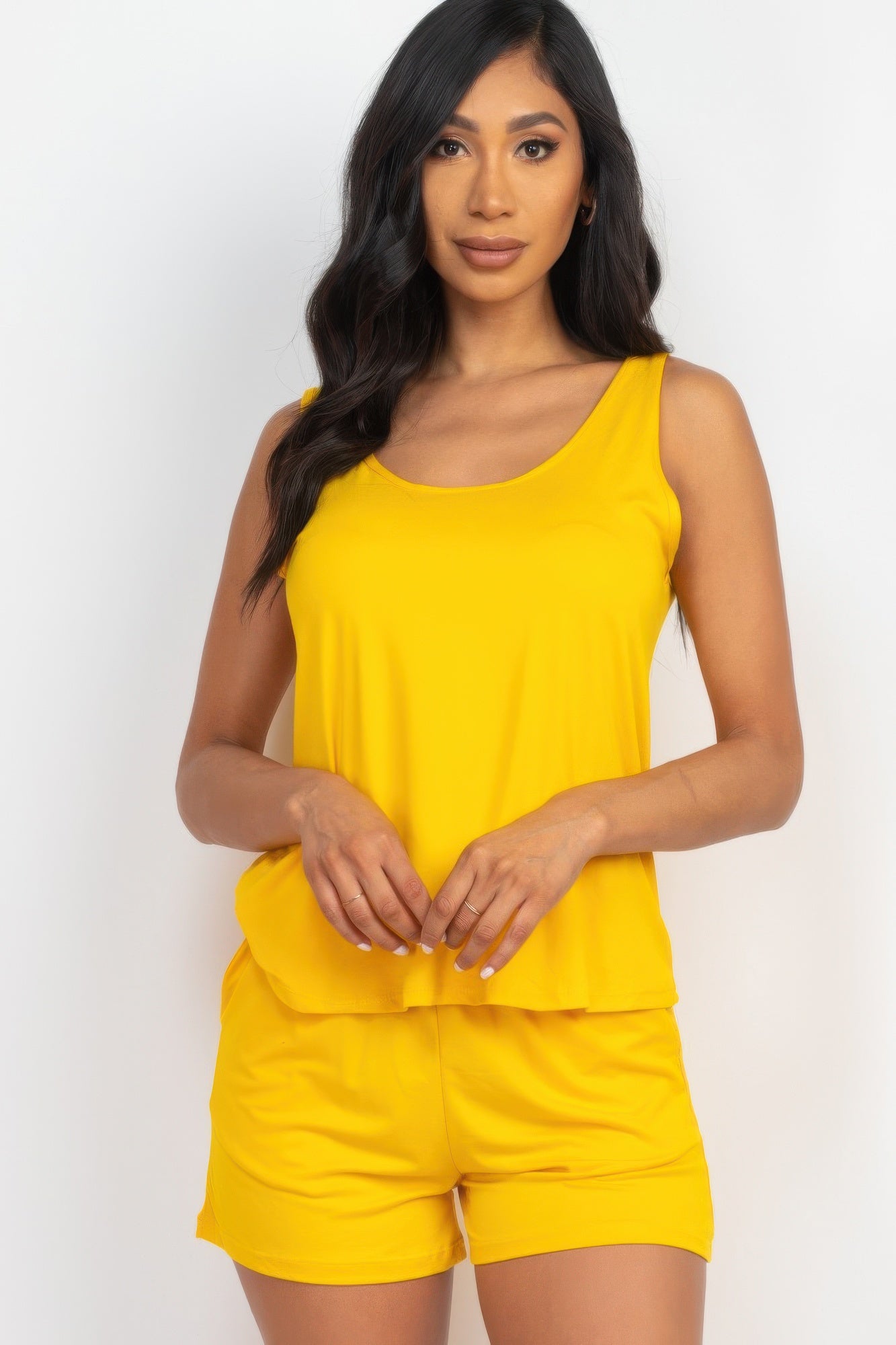 Daylily Yellow long tank top and shorts set made from soft, high-stretch jersey fabric.
