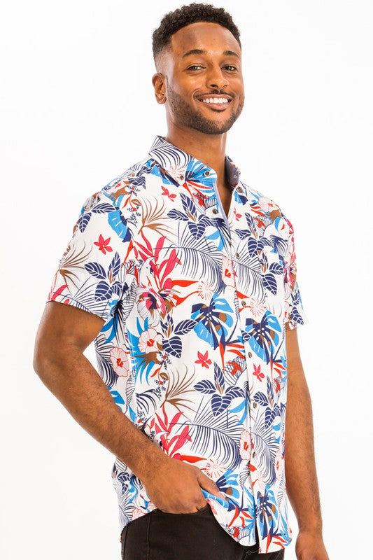 Button down top  55% cotton  45% polyester  Chest Pocket  Perfect for a comfortable but stylish vacation / beach getaway  Color may vary due to lighting on image