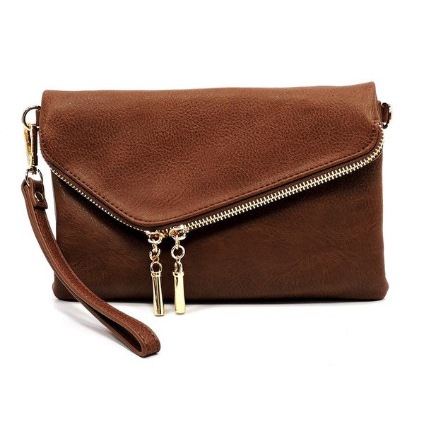 Coffee fold-over clutch purse accented with gold tone hardware.