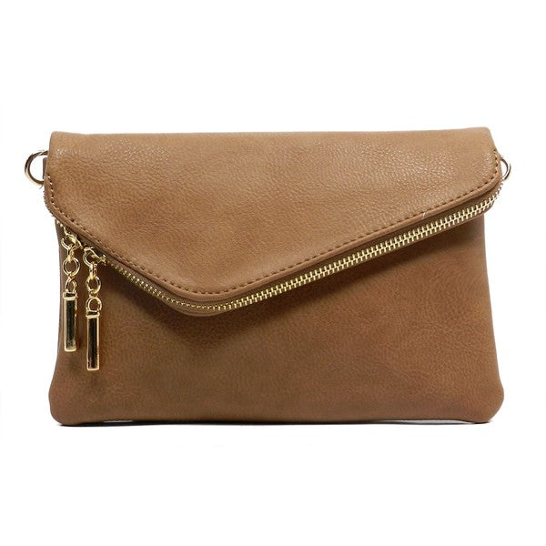 Taupe fold-over clutch purse accented with gold tone hardware.