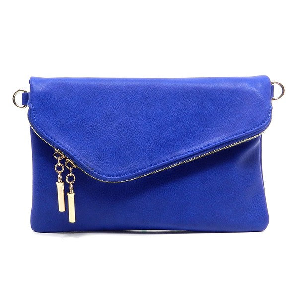 Bright Blue fold-over clutch purse accented with gold tone hardware.