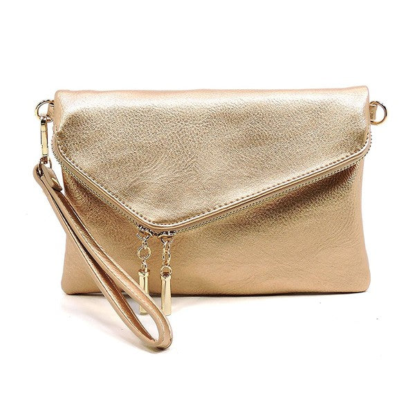 Rose-Gold fold-over clutch purse accented with gold tone hardware.