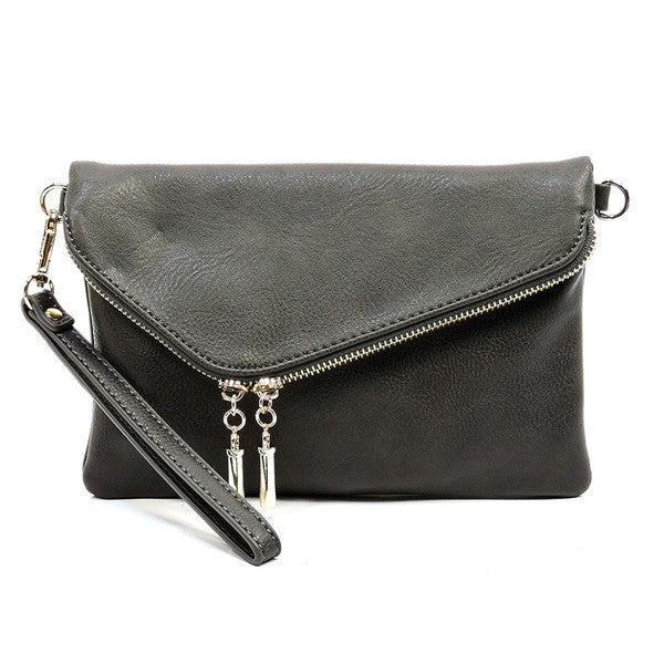 Charcoal-Gray fold-over clutch purse accented with gold tone hardware.