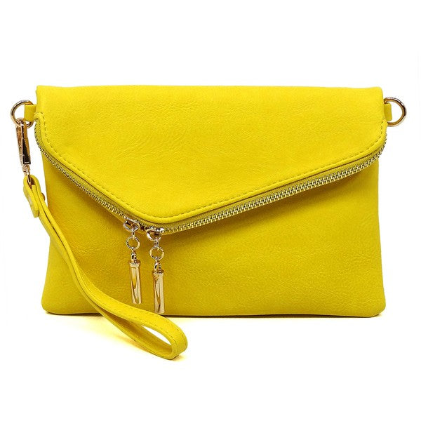 Yellow fold-over clutch purse accented with gold tone hardware.