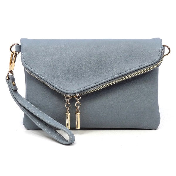 Blue-Gray fold-over clutch purse accented with gold tone hardware.