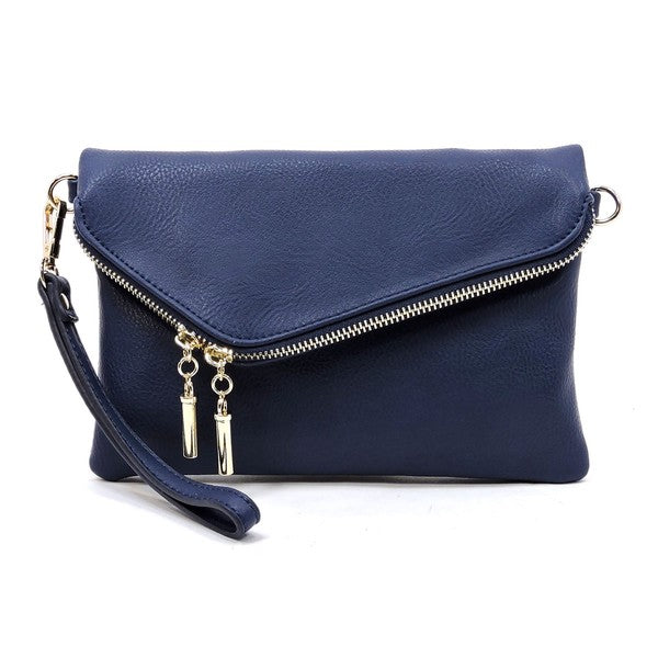Blue fold-over clutch purse accented with gold tone hardware.