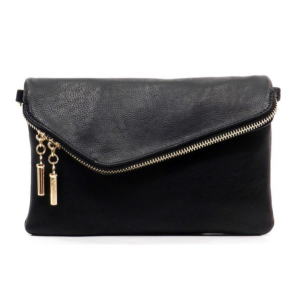 Black fold-over clutch purse accented with gold tone hardware.