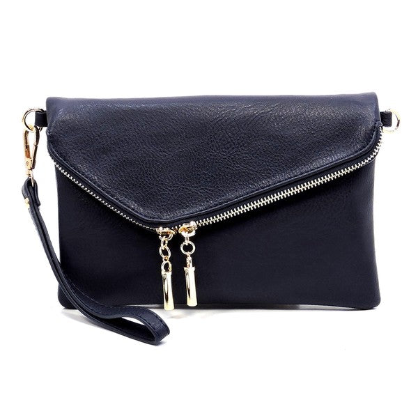 Navy Blue fold-over clutch purse accented with gold tone hardware.
