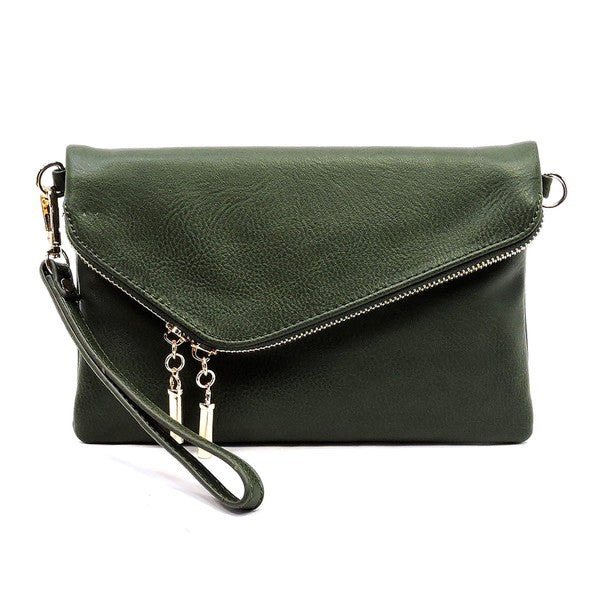 Olive fold-over clutch purse accented with gold tone hardware.