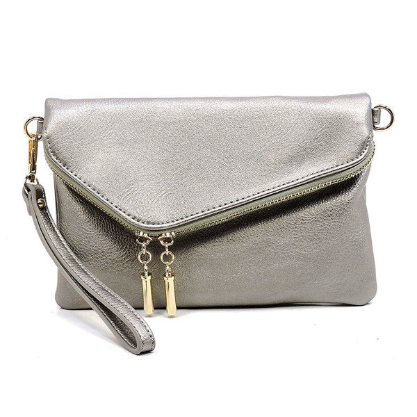 Stone fold-over clutch purse accented with gold tone hardware.