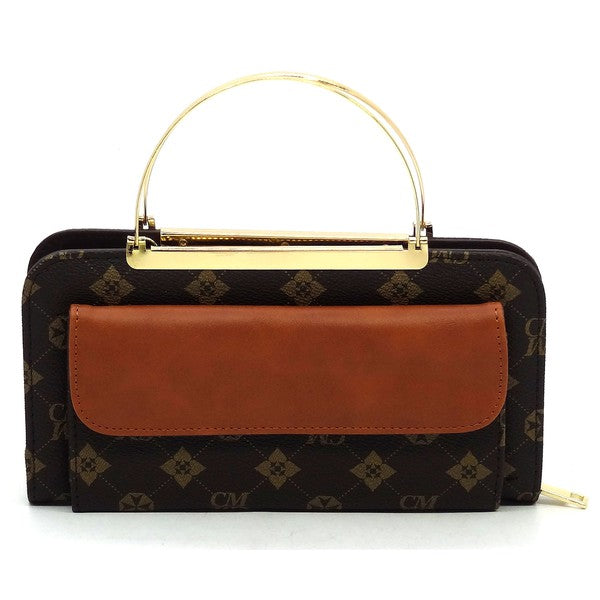 Constructed with a faux vegan leather material, this monogrammed crossbody bag doubles as a clutch and features a round top handle, zip top closure, and detachable shoulder strap.  Its gold-tone hardware adds a touch of elegance.  Measuring L 8.5 x H 4.5 x W 2.5 inches (2 D), this bag is both stylish and functional.