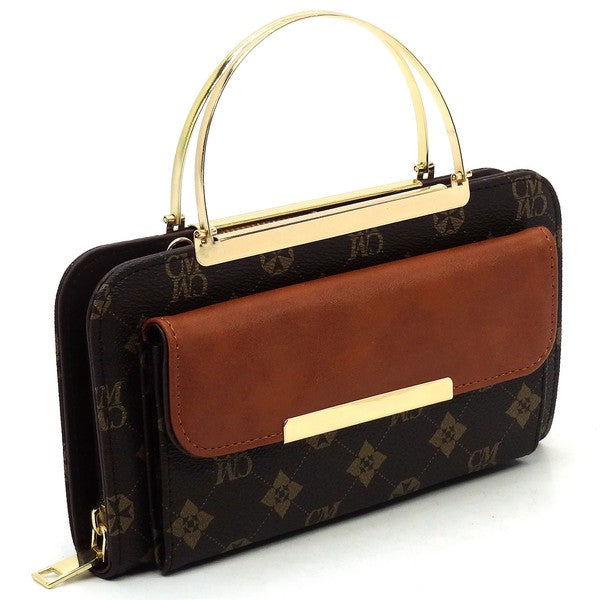 Constructed with a faux vegan leather material, this monogrammed crossbody bag doubles as a clutch and features a round top handle, zip top closure, and detachable shoulder strap.  Its gold-tone hardware adds a touch of elegance.  Measuring L 8.5 x H 4.5 x W 2.5 inches (2 D), this bag is both stylish and functional.