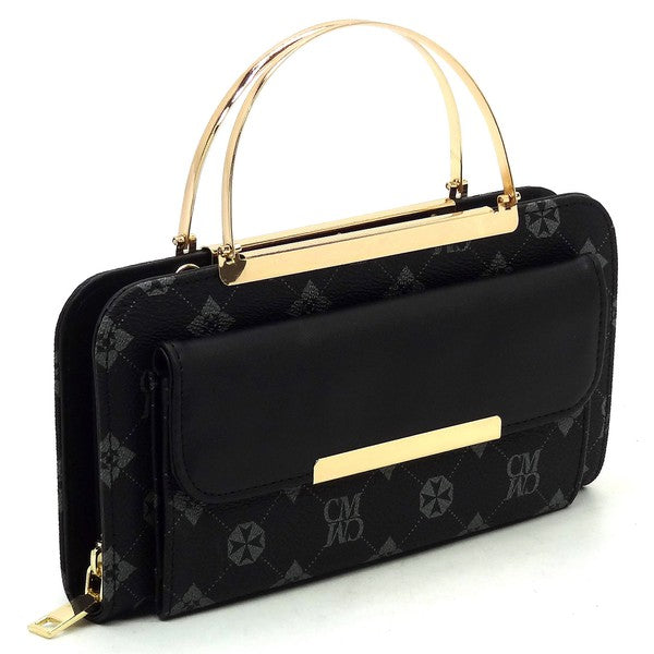 Constructed with a faux vegan leather material, this monogrammed crossbody bag doubles as a clutch and features a round top handle, zip top closure, and detachable shoulder strap.  Its gold-tone hardware adds a touch of elegance.  Measuring L 8.5 x H 4.5 x W 2.5 inches (2 D), this bag is both stylish and functional.