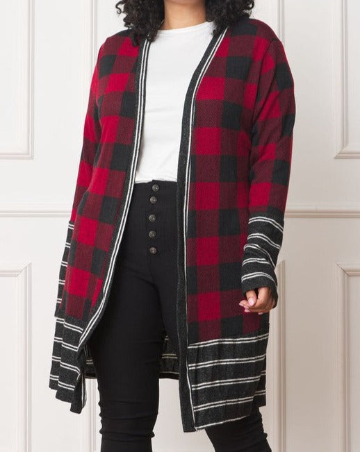 Long Buffalo Plaid Open Cardigan.