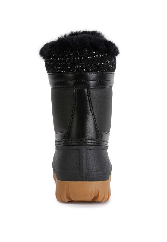 Constructed with TPR outer sole and faux leather outer material, these ankle length boots feature a closed rounded toe, lace up closure, and fur lining collar and tongue. The knitted and eyelet details add a stylish touch, while the lightly cushioned insoles provide comfort with every step. 