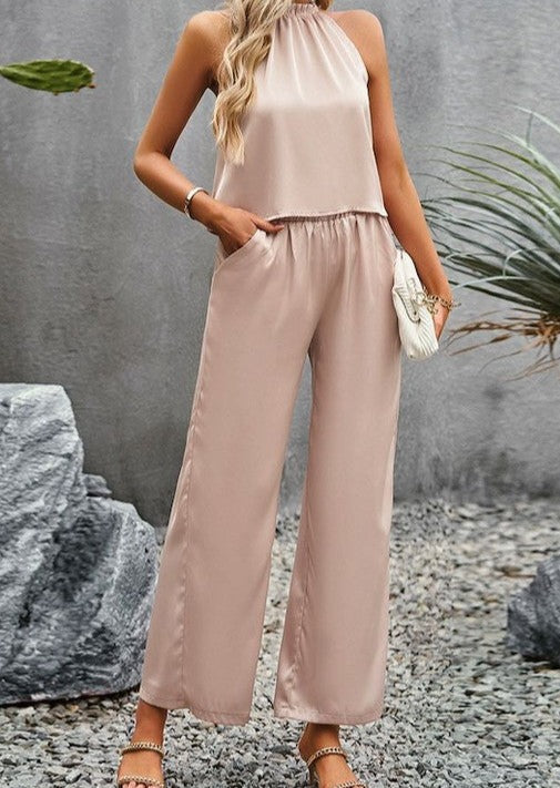 This set includes a halter top and matching pants.