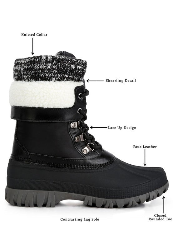 Crafted with a faux leather upper material, these boots feature a TPR outer sole and a closed rounded toe for lasting durability and endless comfort. The lace up closure allows for a secure fit while the knitted collar adds a touch of style. Designed with shearling lining detail and a lug sole, and finished with lightly cushioned insoles, these boots are perfect for any occasion. 