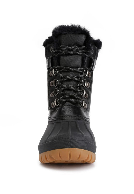 Constructed with TPR outer sole and faux leather outer material, these ankle length boots feature a closed rounded toe, lace up closure, and fur lining collar and tongue. The knitted and eyelet details add a stylish touch, while the lightly cushioned insoles provide comfort with every step. 