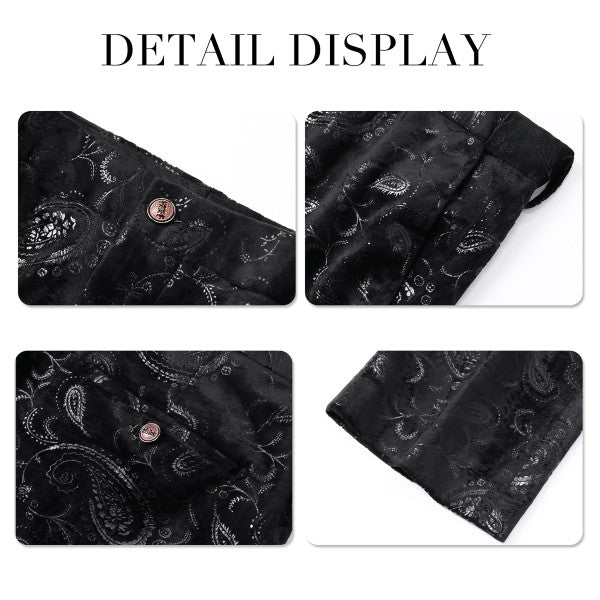 Black paisley patterned fabric with close-up details on a white background