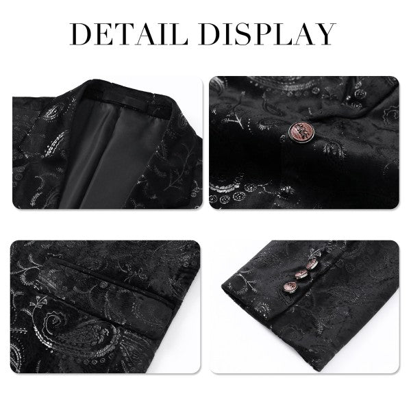 Black textured fabric with intricate patterns and buttons displayed in a collage.