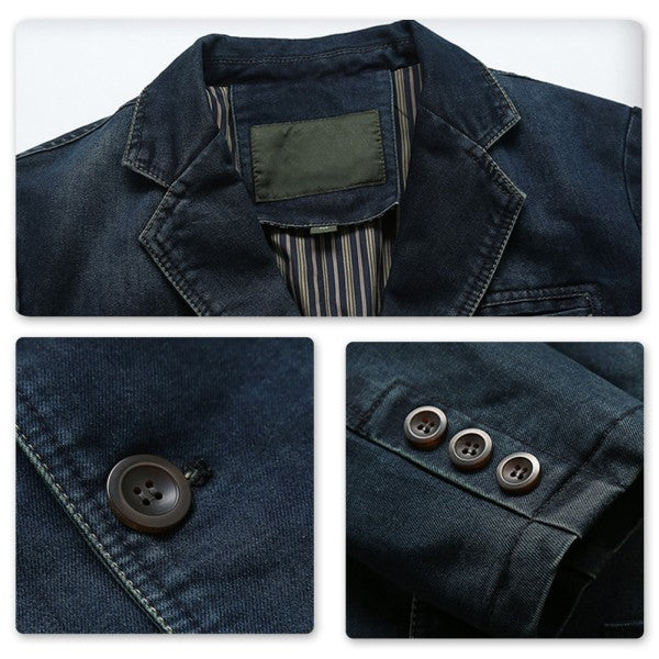 Collage of a dark blue denim jacket with close-up details on buttons and pocket.