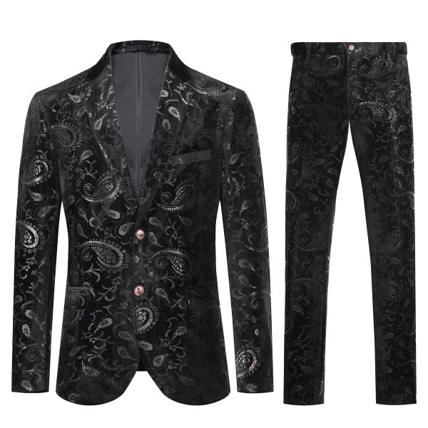 Black paisley patterned suit jacket and pants on a white background