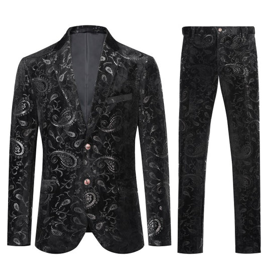 Black paisley patterned suit jacket and pants on a white background